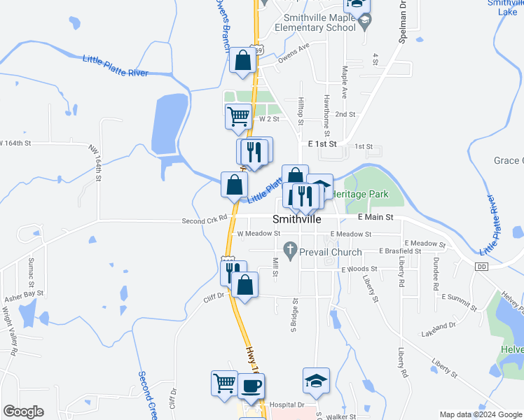 map of restaurants, bars, coffee shops, grocery stores, and more near 201 West Main Street in Smithville