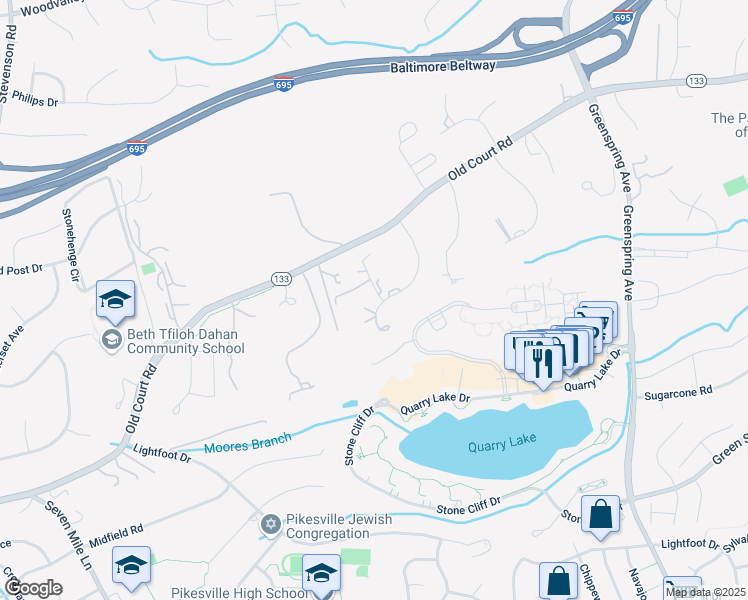 map of restaurants, bars, coffee shops, grocery stores, and more near 2 Hurlingham Court in Pikesville