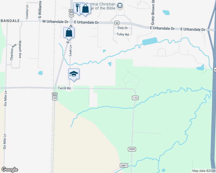 map of restaurants, bars, coffee shops, grocery stores, and more near 705 East Terrill Road in Moberly