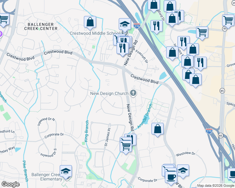 map of restaurants, bars, coffee shops, grocery stores, and more near 6996 Basswood Road in Frederick