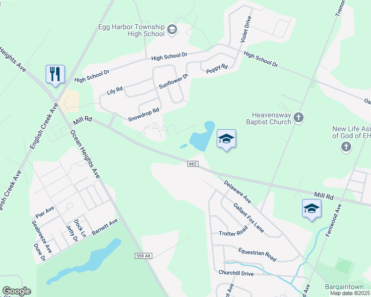 map of restaurants, bars, coffee shops, grocery stores, and more near 6150 Mill Road in Egg Harbor Township