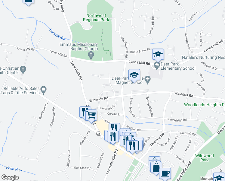 map of restaurants, bars, coffee shops, grocery stores, and more near 8 Ojibway Road in Randallstown