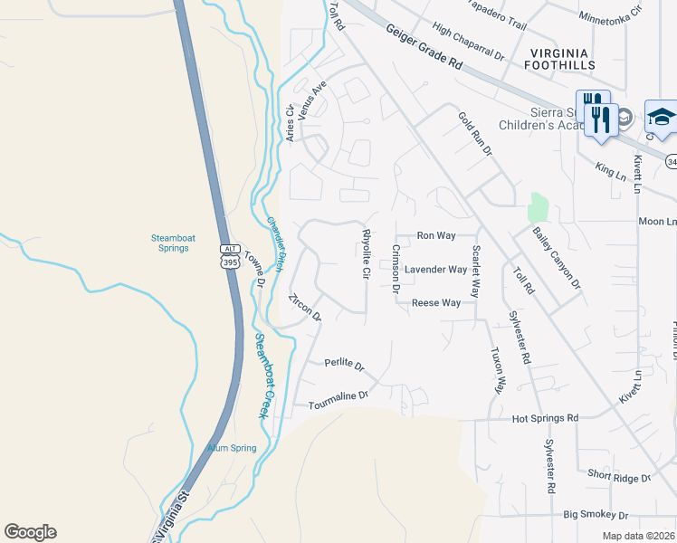 map of restaurants, bars, coffee shops, grocery stores, and more near 16446 Rhyolite Circle in Reno