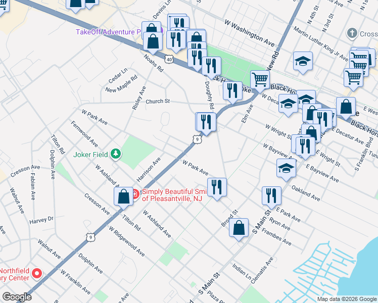 map of restaurants, bars, coffee shops, grocery stores, and more near 322 West Park Avenue in Pleasantville