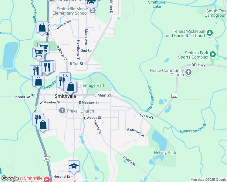 map of restaurants, bars, coffee shops, grocery stores, and more near 410 DD Highway in Smithville