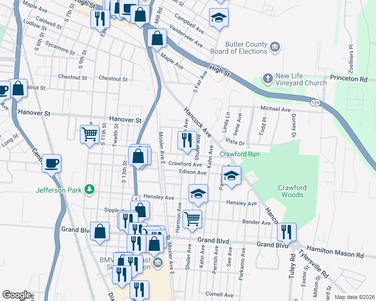 map of restaurants, bars, coffee shops, grocery stores, and more near 1005 Shuler Avenue in Hamilton
