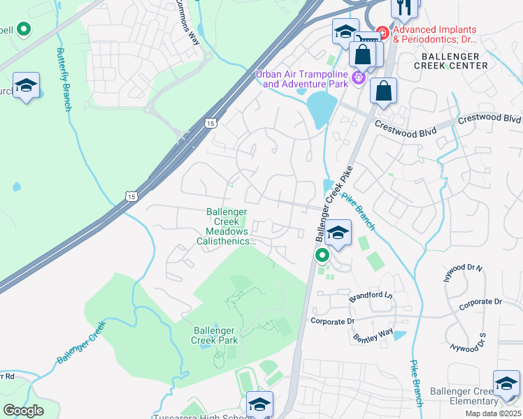 map of restaurants, bars, coffee shops, grocery stores, and more near 6369 New Haven Court in Frederick