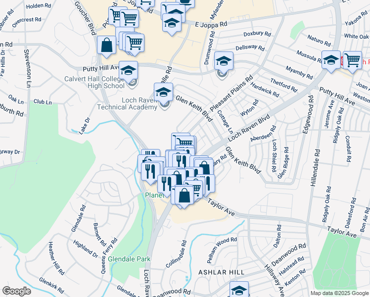 map of restaurants, bars, coffee shops, grocery stores, and more near 8102 Kirkwall Court in Towson