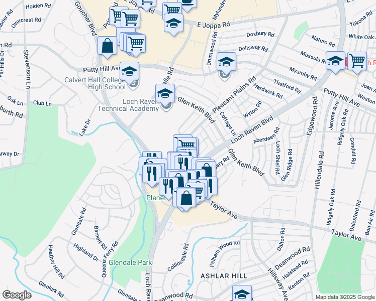 map of restaurants, bars, coffee shops, grocery stores, and more near 8102 Kirkwall Court in Towson