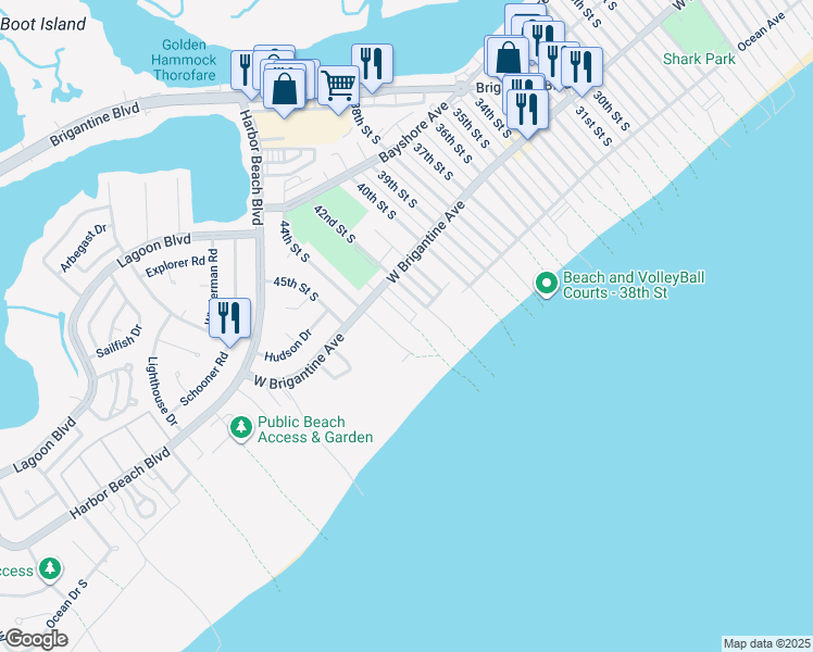 map of restaurants, bars, coffee shops, grocery stores, and more near 330 42nd Street South in Brigantine