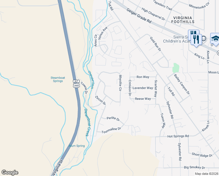 map of restaurants, bars, coffee shops, grocery stores, and more near 16446 Rhyolite Circle in Reno