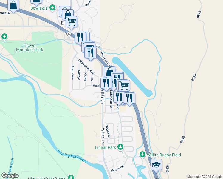 map of restaurants, bars, coffee shops, grocery stores, and more near 340 Reed Street in Basalt