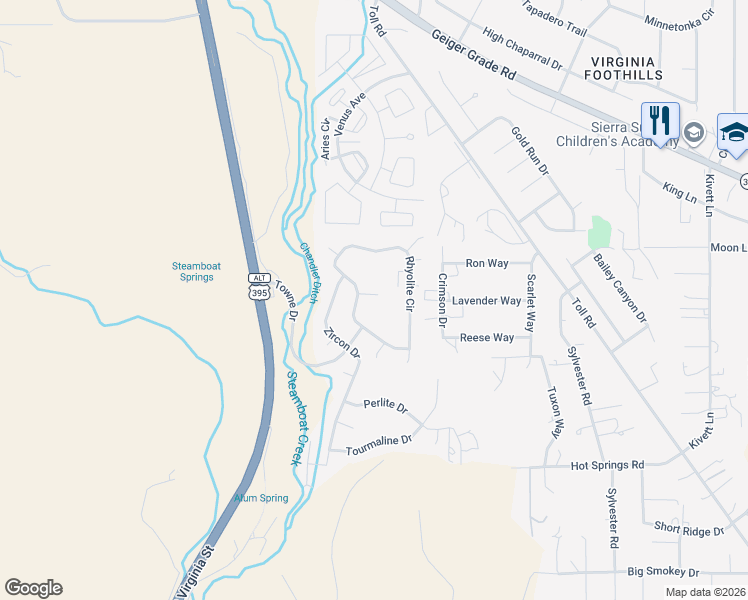 map of restaurants, bars, coffee shops, grocery stores, and more near 16446 Rhyolite Circle in Reno
