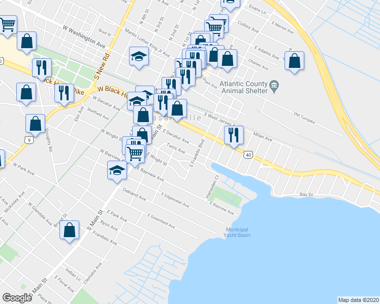 map of restaurants, bars, coffee shops, grocery stores, and more near 306 South Franklin Boulevard in Pleasantville