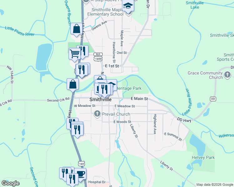 map of restaurants, bars, coffee shops, grocery stores, and more near 101 South Commercial Avenue in Smithville
