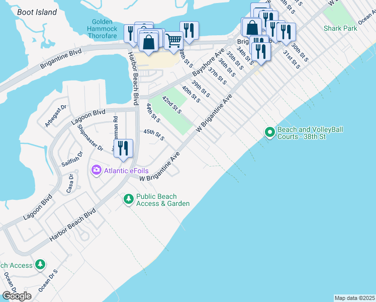 map of restaurants, bars, coffee shops, grocery stores, and more near 323 44th Street South in Brigantine