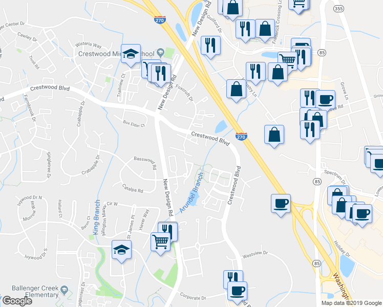 map of restaurants, bars, coffee shops, grocery stores, and more near 7114 Gresham Court East in Frederick