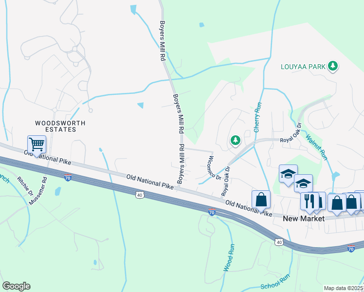map of restaurants, bars, coffee shops, grocery stores, and more near 5515 Boyers Mill Road in New Market