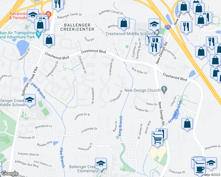map of restaurants, bars, coffee shops, grocery stores, and more near 5612 Honeysuckle Court in Frederick
