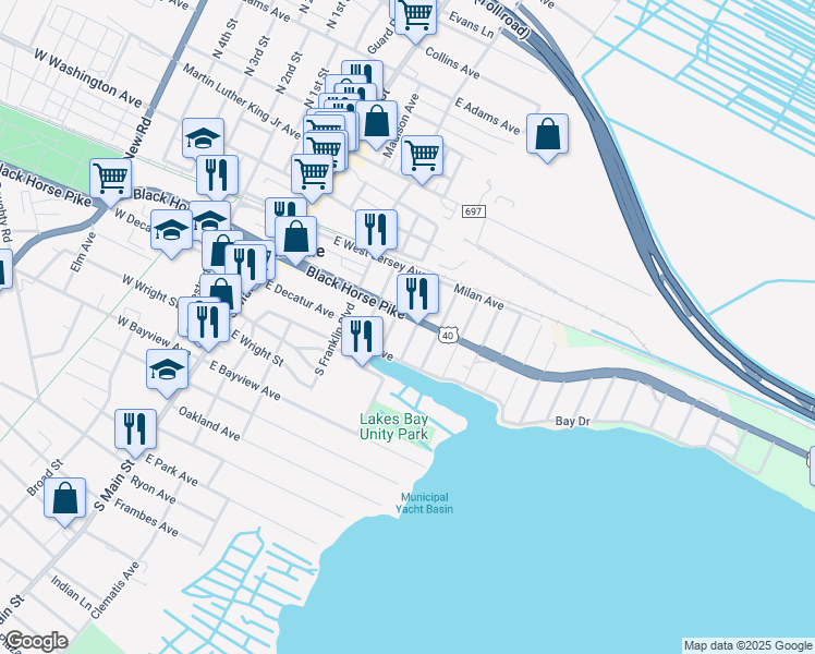 map of restaurants, bars, coffee shops, grocery stores, and more near 204 Lyons Court in Pleasantville
