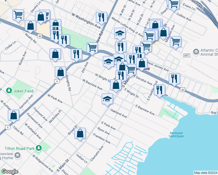map of restaurants, bars, coffee shops, grocery stores, and more near 409 Chestnut Avenue in Pleasantville