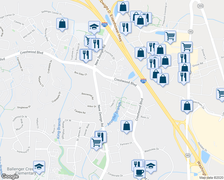 map of restaurants, bars, coffee shops, grocery stores, and more near 7104 Gresham Court East in Frederick