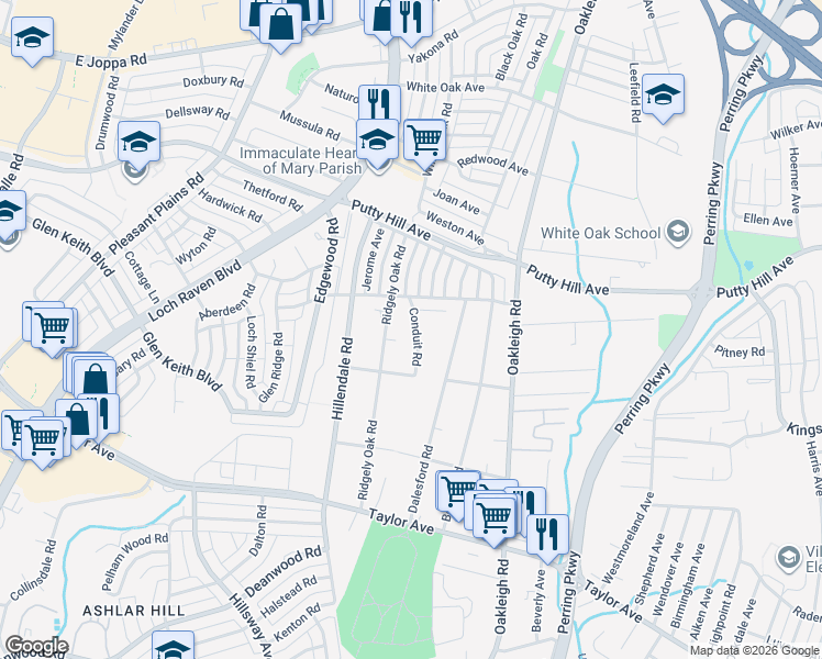 map of restaurants, bars, coffee shops, grocery stores, and more near 8128 Conduit Road in Parkville