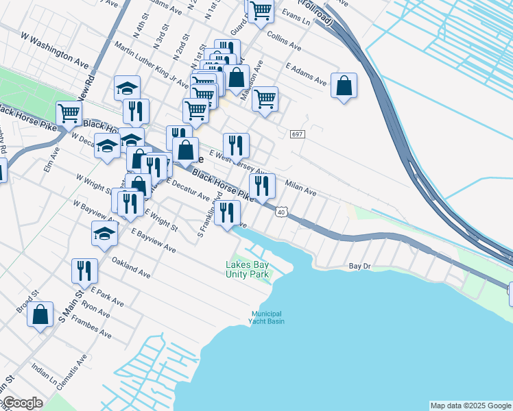 map of restaurants, bars, coffee shops, grocery stores, and more near 204 Lyons Court in Pleasantville