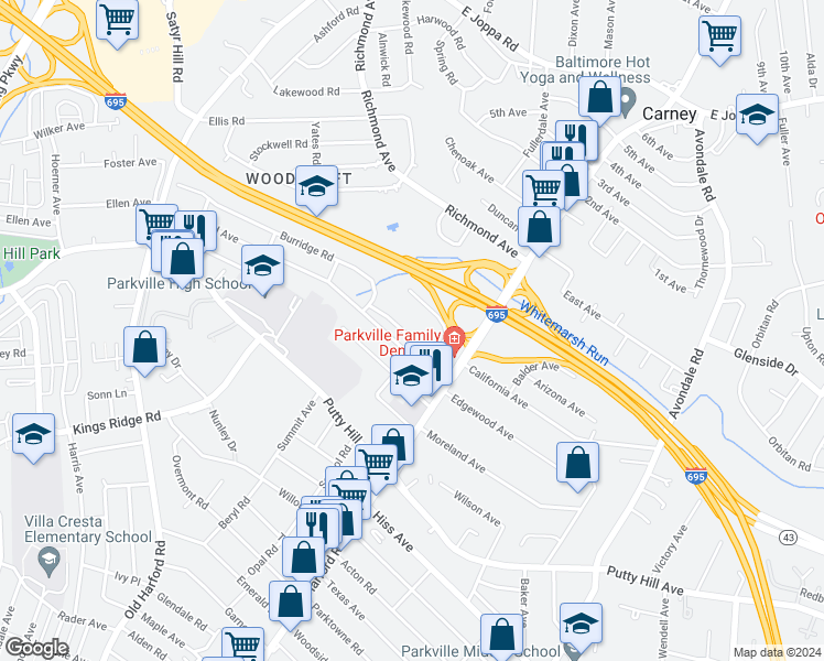 map of restaurants, bars, coffee shops, grocery stores, and more near 2930 Grendon Lane in Parkville
