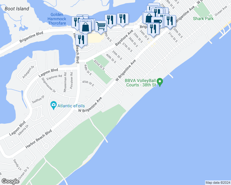 map of restaurants, bars, coffee shops, grocery stores, and more near 4200 West Brigantine Avenue in Brigantine