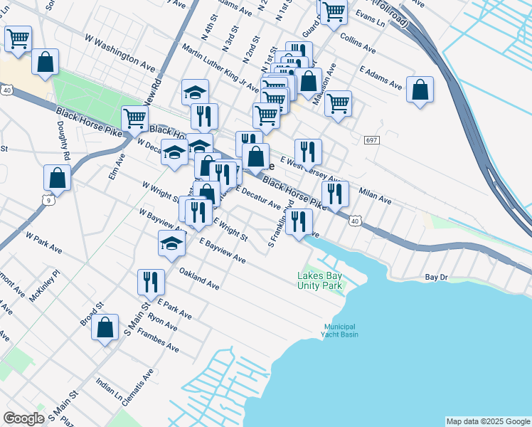 map of restaurants, bars, coffee shops, grocery stores, and more near 32 East Decatur Avenue in Pleasantville