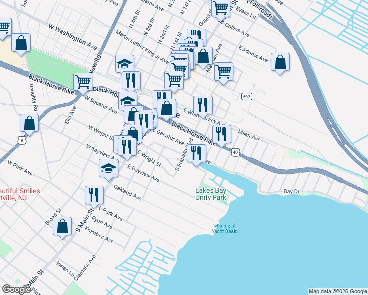 map of restaurants, bars, coffee shops, grocery stores, and more near 55 East Black Horse Pike in Pleasantville