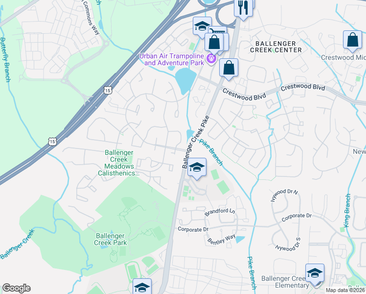 map of restaurants, bars, coffee shops, grocery stores, and more near 5601 Denton Court in Frederick