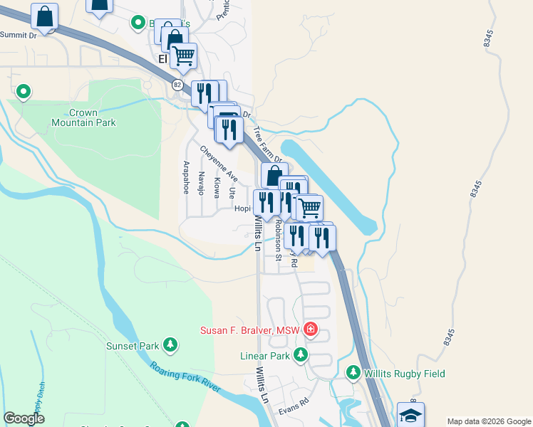 map of restaurants, bars, coffee shops, grocery stores, and more near 701 E Valley Rd in Basalt