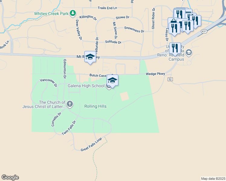 map of restaurants, bars, coffee shops, grocery stores, and more near 3600 Butch Cassidy Drive in Reno