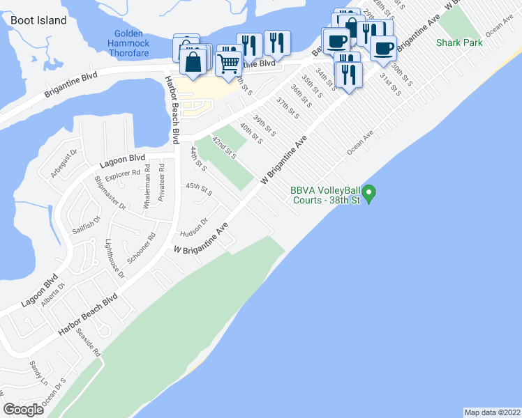 map of restaurants, bars, coffee shops, grocery stores, and more near 4200 West Brigantine Avenue in Brigantine