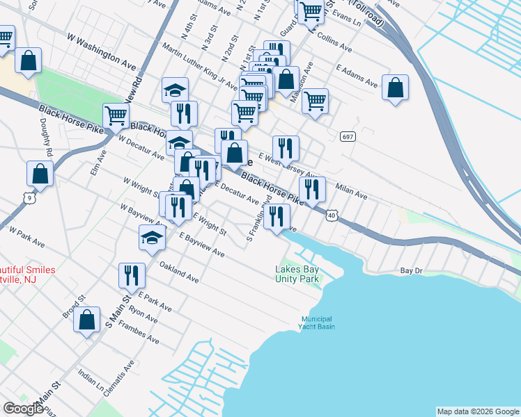 map of restaurants, bars, coffee shops, grocery stores, and more near 55 East Black Horse Pike in Pleasantville