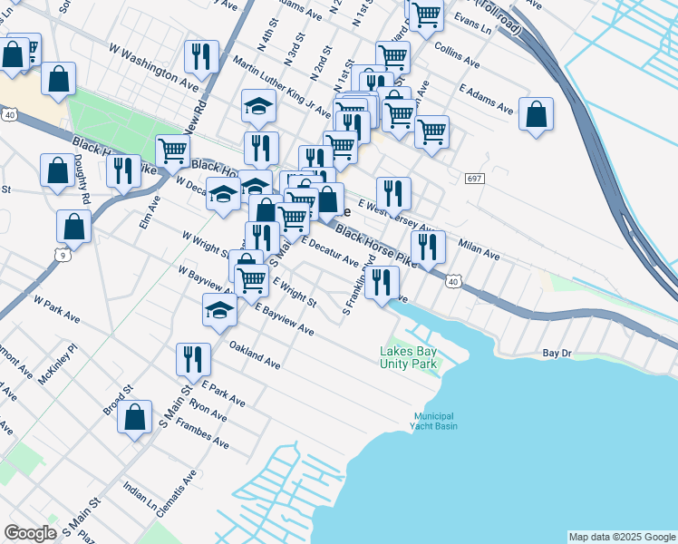 map of restaurants, bars, coffee shops, grocery stores, and more near 32 East Decatur Avenue in Pleasantville