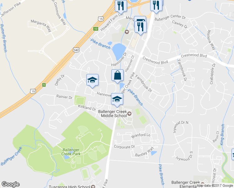map of restaurants, bars, coffee shops, grocery stores, and more near 5601 Denton Court in Frederick