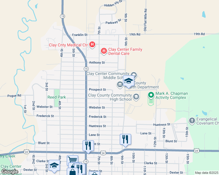 map of restaurants, bars, coffee shops, grocery stores, and more near 814 Spellman Circle in Clay Center