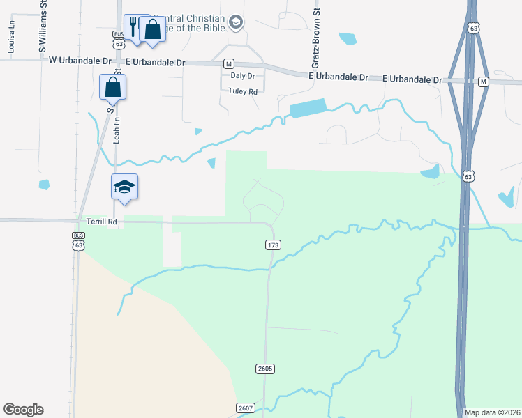 map of restaurants, bars, coffee shops, grocery stores, and more near 711 Terrill Road in Moberly
