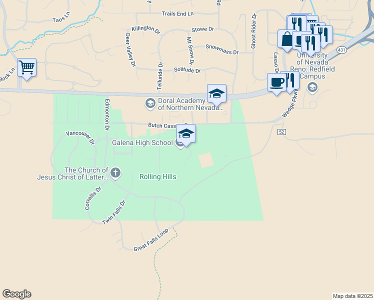 map of restaurants, bars, coffee shops, grocery stores, and more near 3600 Butch Cassidy Drive in Reno