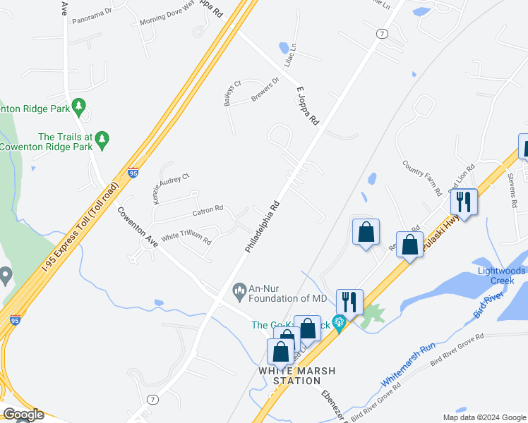 map of restaurants, bars, coffee shops, grocery stores, and more near 10914 Philadelphia Road in White Marsh