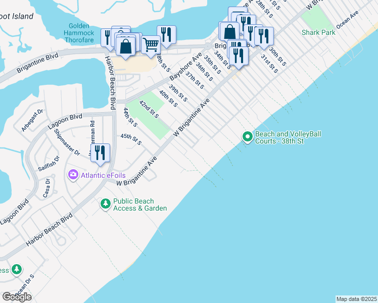 map of restaurants, bars, coffee shops, grocery stores, and more near 330 42nd Street South in Brigantine