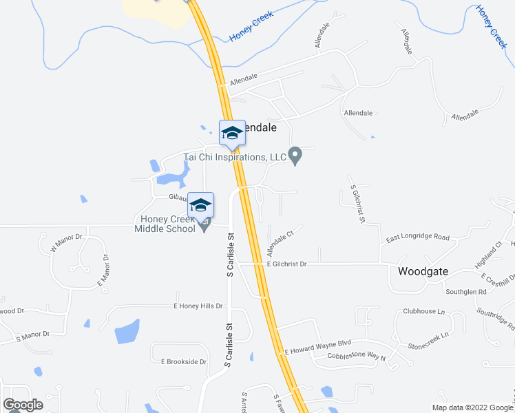 map of restaurants, bars, coffee shops, grocery stores, and more near 6558 Allendale Boulevard in Terre Haute