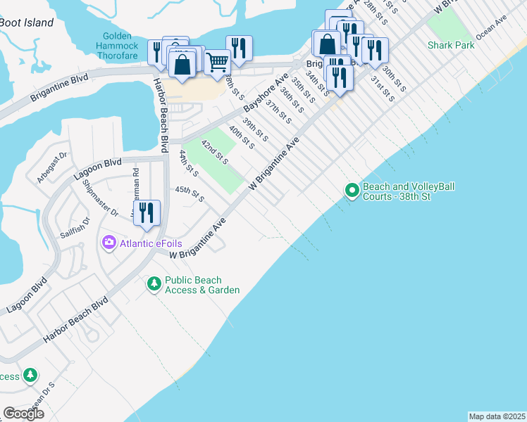 map of restaurants, bars, coffee shops, grocery stores, and more near 335 42nd Street South in Brigantine