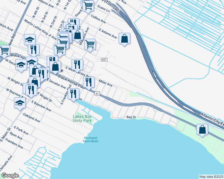 map of restaurants, bars, coffee shops, grocery stores, and more near 101 Genoa Avenue in Pleasantville