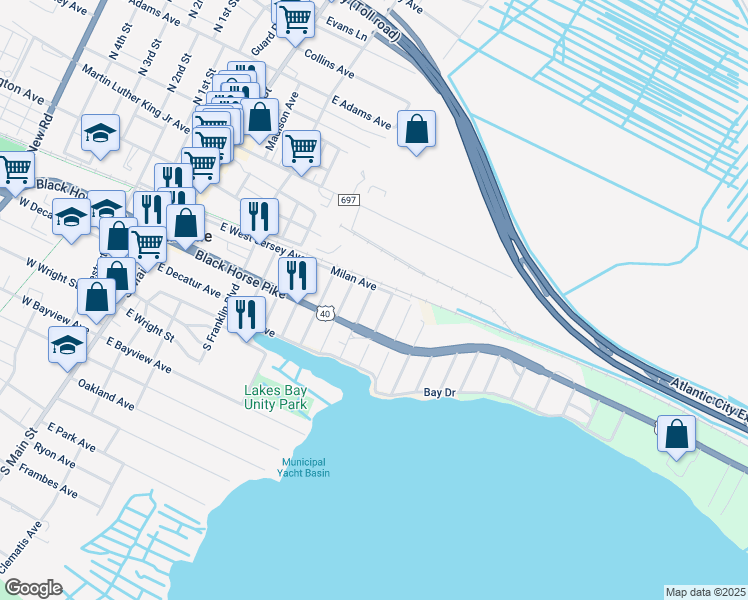 map of restaurants, bars, coffee shops, grocery stores, and more near 101 Genoa Avenue in Pleasantville
