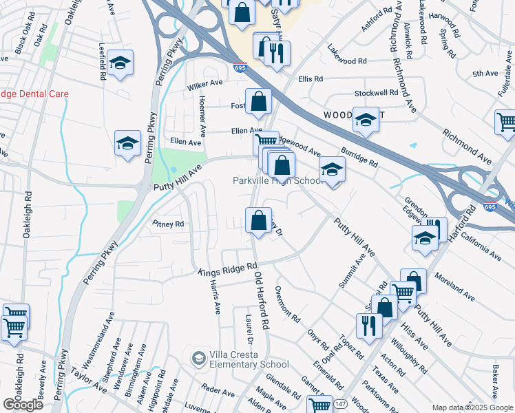 map of restaurants, bars, coffee shops, grocery stores, and more near 8417 Nunley Drive in Parkville