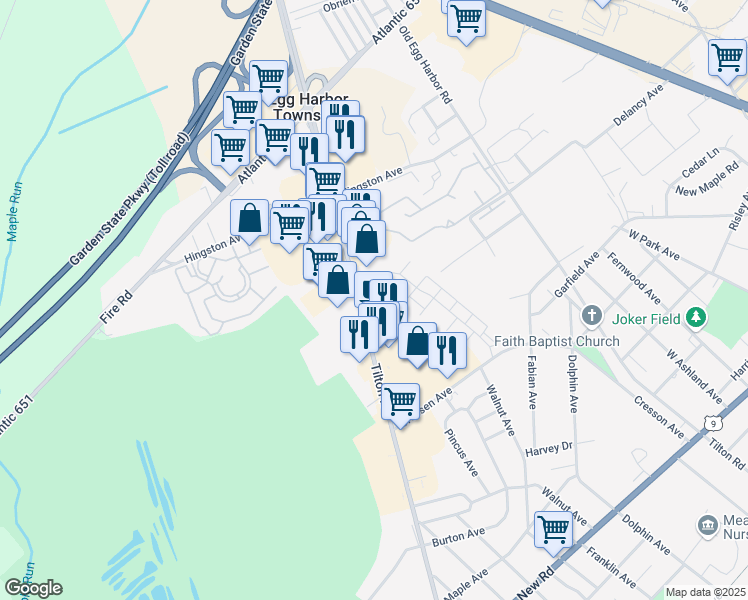 map of restaurants, bars, coffee shops, grocery stores, and more near 289 Tilton Road in Northfield